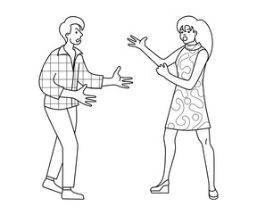 Wife screams at husband. Man and woman argue. Guy and girl swear. Negative emotions. Home conflict. Domestic violence. Contour drawing on an isolated white background.