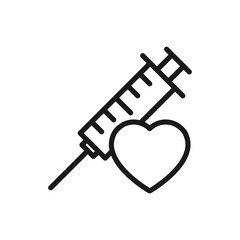Medical syringe with heart line icon. Injection outline pictogram. First aid concept. Vaccination symbol. Vector isolated on white
