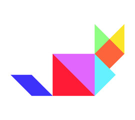 Color tangram puzzle in cat shape on white background
