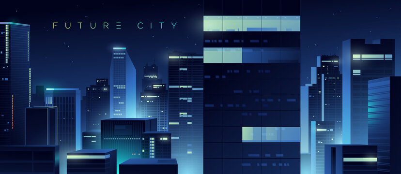 Futuristic night city. Cityscape on a colorful background with bright and glowing neon lights. Wide city front perspective view. Cyberpunk and retro wave style illustration.
