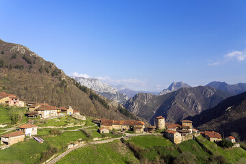 BANDUJO, SPAIN - MARCH 24, 2019: View of the mediaval village of Bandujo in Asturias mountains. North of Spain.
