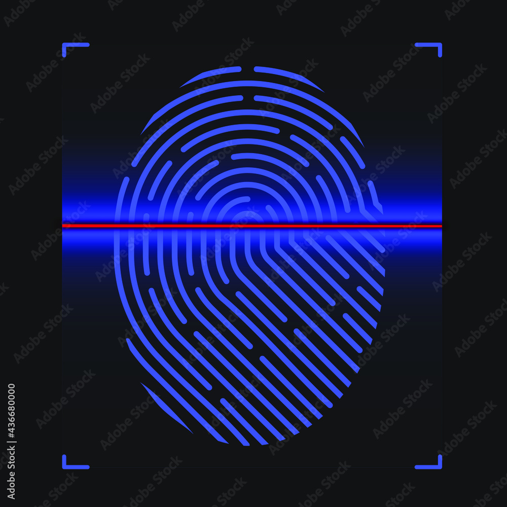 Poster fingerprint scanning and identification showing a blue whorled print with a red scanner beam on an e