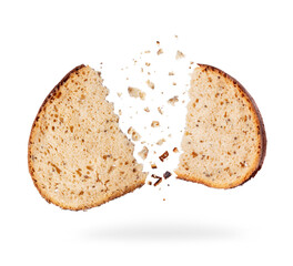 A slice of bread is torn into two halves on a white background