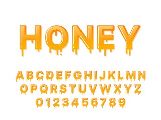 Honey font. Flowing syrup capital letters and numbers with droplets. Melting design alphabet. Sweet and stringy uppercase symbols set. Liquid alphabetical signs. Vector calligraphy - obrazy, fototapety, plakaty