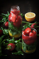 Healthy detox drink with strawberries and arugula. Summer tonic cocktail.