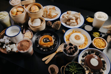 a group of Japanese deserts with a hot chocolate and frappe
