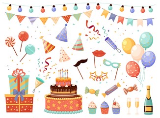 Birthday party decorations. Cartoon holiday elements set. Flags or light garlands. Carnival masks and presents. Crackers with confetti. Bunch of balloons. Vector festive sweet desserts