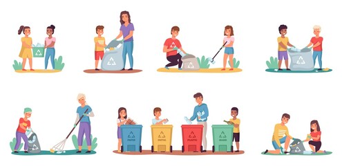 People sort garbage. Kids with parents clean up trash. Characters put rubbish in containers or bags for litter. Families take care of nature and ecology. Vector persons collect waste
