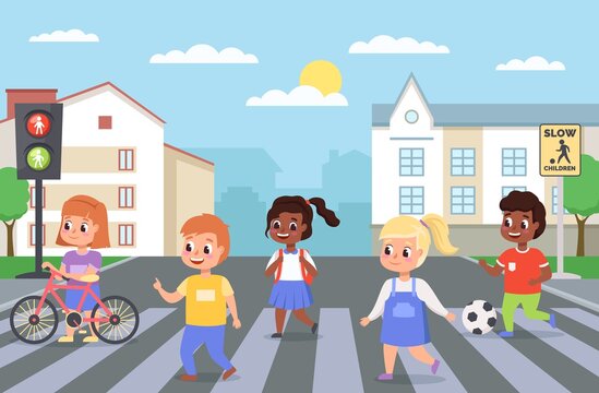 Kids Walking Crosswalk. Children Cross Road On Zebra Crossing. Girls And Boys Follow Pedestrian Rules. Safe Stepping Roadway. Urban Landscape With Traffic Lights. Vector Preschoolers