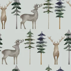 Wall murals Forest animals Seamless pattern with watercolor tree.