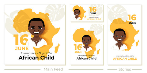 International Day of the African Child. The face of an African boy on the background of the African continent. A set of templates for instagram layouts.