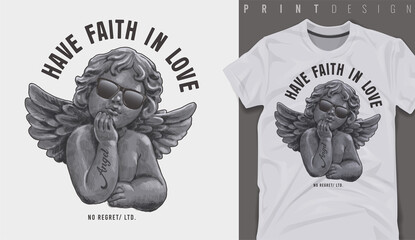 Graphic t-shirt design, Love slogan with antique baby angel in sunglasses,vector illustration for t-shirt.