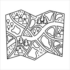 Vector black and white illustration of map. Outline forest or woods guide icon. Travel object isolated on white background. Line art vacation infographic element..