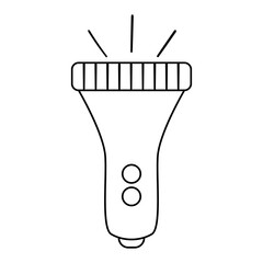 Vector black and white flashlight isolated on white background. Line lighting equipment illustration for kids. Outline portable lamp picture.