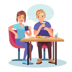 Friends gossip. Cartoon couple chatting in cafe. Girl tells news to boy. Surprised man and woman sit at table in restaurant. Gossiping people and speech bubble. Vector communication