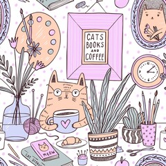 Seamless pattern with cute cartoon cat sitting at the table with books, coffee and plants on white background.