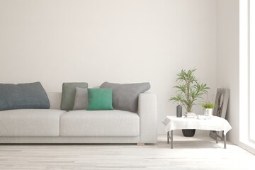 White living room with sofa. Scandinavian interior design. 3D illustration