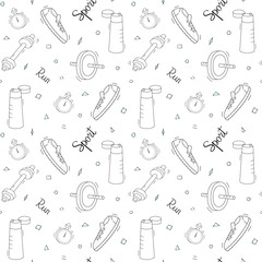 Sneakers with water bottle and other sports equipment. Seamless repeating pattern. Black and white drawings on a white background.