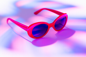 Red sunglasses in monstera leaf shadow on a background of summer or neon colors