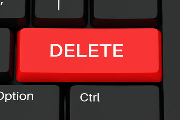 Delete red key on a black pc keyboard. 3d render illustration