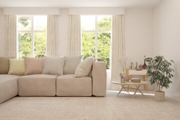 White living room with sofa and summer landscape in window. Scandinavian interior design. 3D illustration