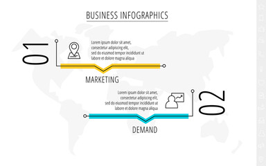 Modern and line vector infographics with two steps. 2 icons with thin lines for the app, website, interface, chart, levels, web, diagram, banner, presentations on white isolated background
