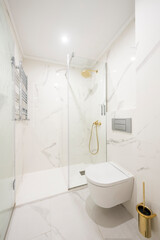 Shower with screen in white marble bathroom