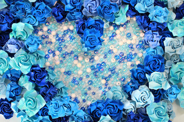 Heart surrounded by Origami (Hand Craft)Blue Rose filled with Beads for Father`s day ,White day , Present or memorial date,折り紙で作られたハートマーク ビーズデコレ(父の日　ホワイトデーその他プレゼントに)