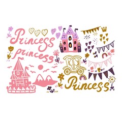 Obraz premium Fairy princess castle vector illustration hand drawn scandinavian style. Patern seamless set print textile background clipart for little girls for the holiday congratulations. pink and gold color cute