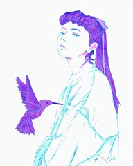 Minimal illustration of a young girl with a hummingbird.