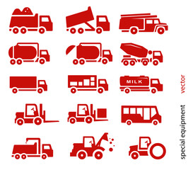 Set of minimalistic flat icons of working city technology. Various pictograms of dump truck, self-loading and other working machines