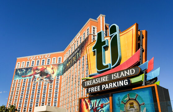 Las Vegas, Nevada, USA - February 2019: Close up view of the sign in front of the Treasure Island Hotel on Las Vegas Boulevard.