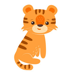 Cute little baby tiger. Happy animal character in cartoon style. Flat vector illustration for nursery or playroom. Design for child and kid printable t-shirt, greeting card, wall art, postcard