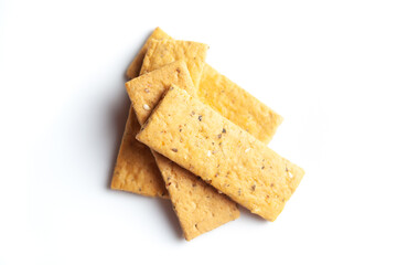 Close-up of freshly baked spicy and salted Mathri or matthi, traditionally authentic Rajisthani . Isolated over studio white background