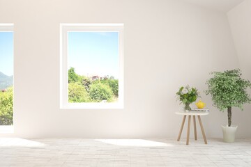 White empty room with summer landscape in window. Scandinavian interior design. 3D illustration