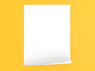 Curled sheet of A4 paper on a yellow background. 3d render illustration.