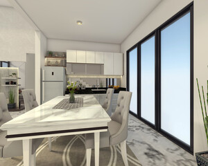 Modern dining room and kitchen design with  luxurious marble table