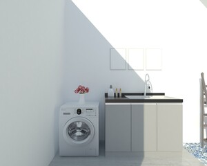 Modern laundry space with washing machine and counter sink cabinet