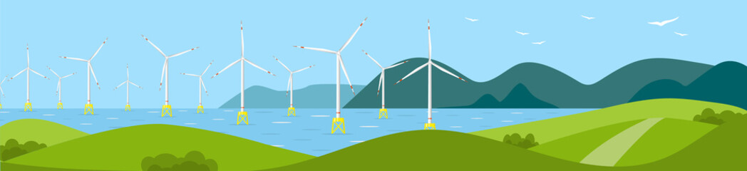 Banner with sea wind generators. Wind farm at sea