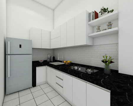 modern kitchen interior using standing refrigerator with minimalist white cabinet, marble counter top and ceramic back splash