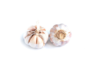 Close up shot 2 garlic on white background