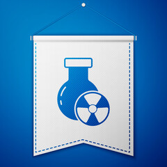 Blue Laboratory chemical beaker with toxic liquid icon isolated on blue background. Biohazard symbol. Dangerous symbol with radiation icon. White pennant template. Vector