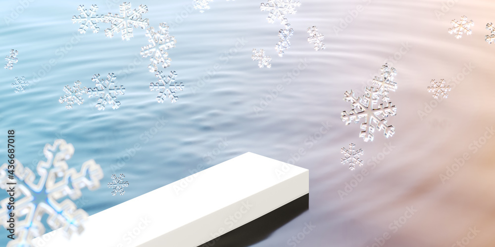Poster minimal product background for christmas, new year and sale event concept. white podium with snowfla