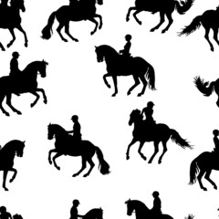 seamless sports background, equestrian sports, silhouettes of riders on colored background