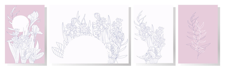 Set of floral posters with place for text. Graphic drawings of garden flowers. Suitable for backgrounds, cards, invitations, posters.