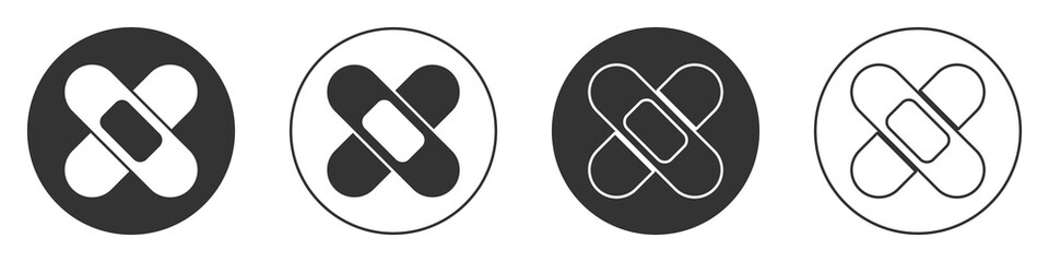 Black Crossed bandage plaster icon isolated on white background. Medical plaster, adhesive bandage, flexible fabric bandage. Circle button. Vector