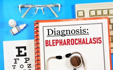 Blepharochalasis. Text of the diagnosis in ophthalmology. Inflammation and swelling of the eyelid....