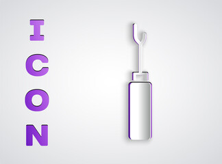 Paper cut Awl tool with wooden handle icon isolated on grey background. Work equipment tailor industry. Paper art style. Vector