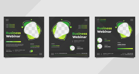 Set of business webinar social media post template with liquid shape and black background
