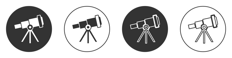 Black Telescope icon isolated on white background. Scientific tool. Education and astronomy element, spyglass and study stars. Circle button. Vector